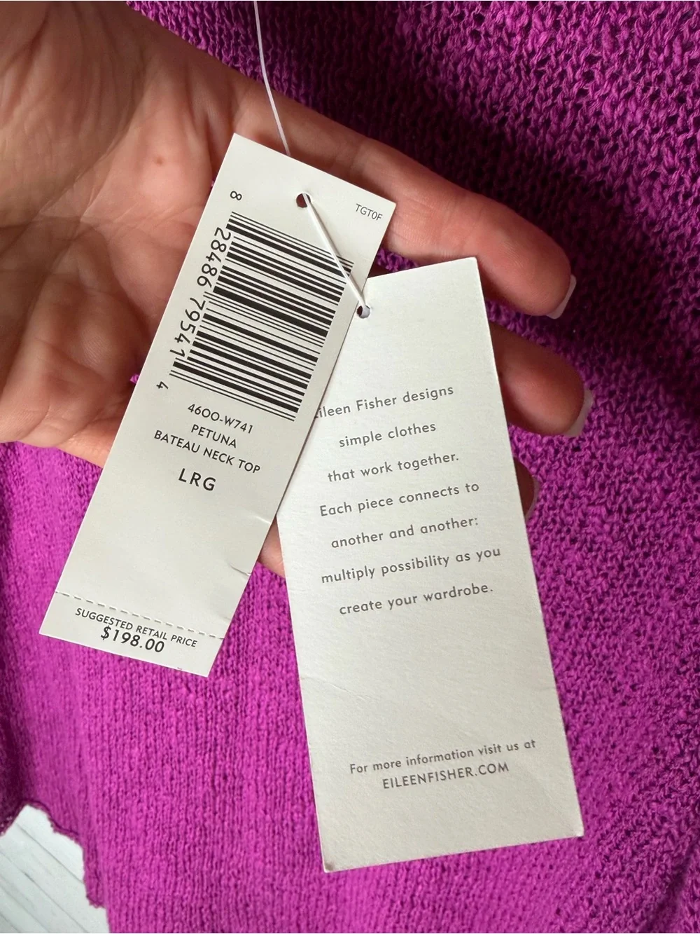 Eileen Fisher Petuna Bateau Neck Knit Cotton Nubble Top Magenta Purple Large NWT